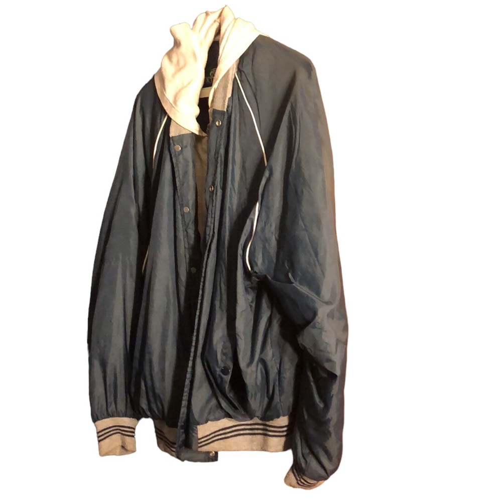Bass Pro shops zipper jacket with sweatshirt hood quilted lining. Blue & grey